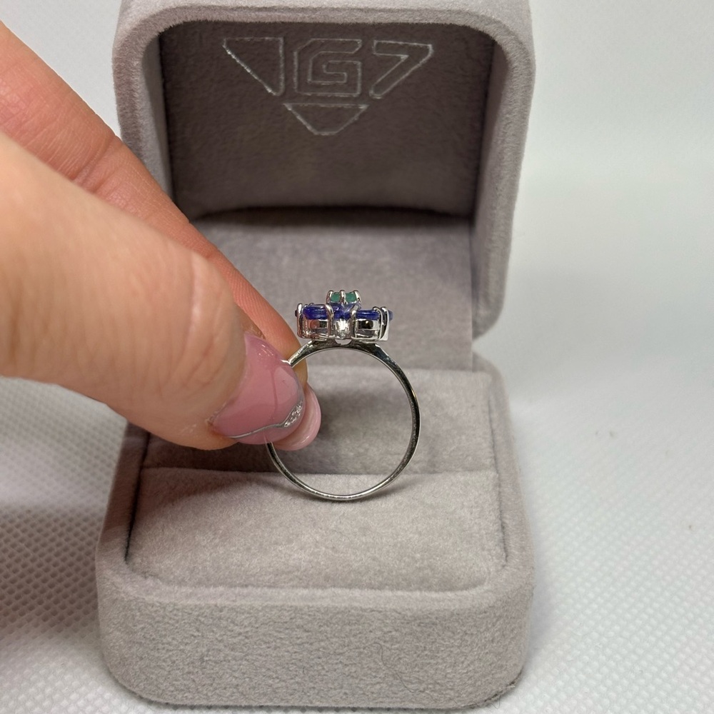 925 Sterling Silver Tanzanite & Emerald Flower Ring, size 6.75-7 - Picture 6 of 11